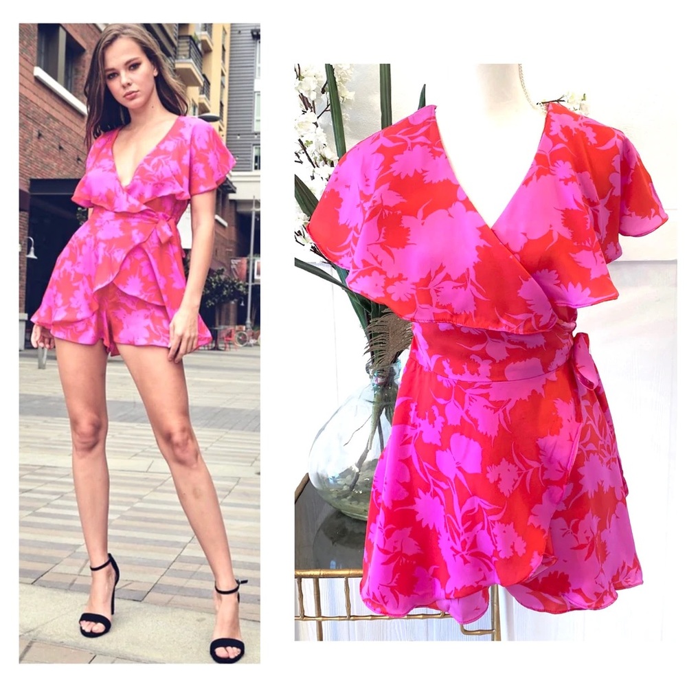 NEW DO + BE Floral Print Ruffle Front Romper with Semi Open Back, Size S…